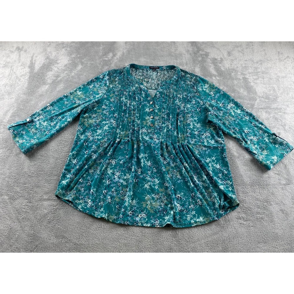 Ava & Grace Womens XL Teal Floral Pintuck Lace Yoke 3/4 Roll Tab Sleeve Blouse